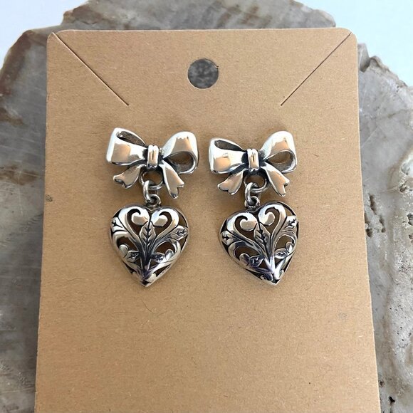 VTG Sterling Silver 925 1" Pierced Scrollwork Heart Dangle Bow Stud Earrings - Picture 4 of 16